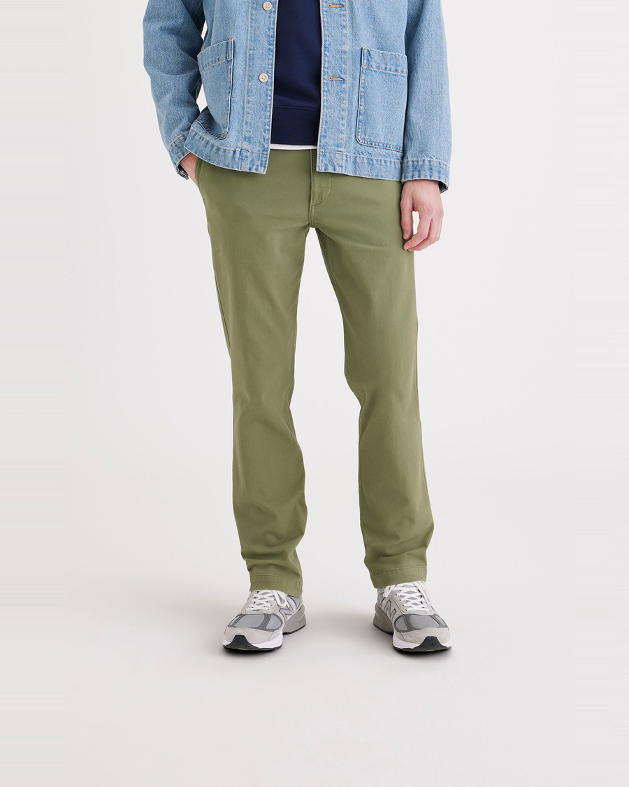 Front view of model wearing Loden Green Alpha Chino Pants, Slim Fit.