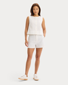 View of model wearing Lucent White Button-Front Tank, Regular Fit.