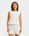 Front view of model wearing Lucent White Button-Front Tank, Regular Fit.
