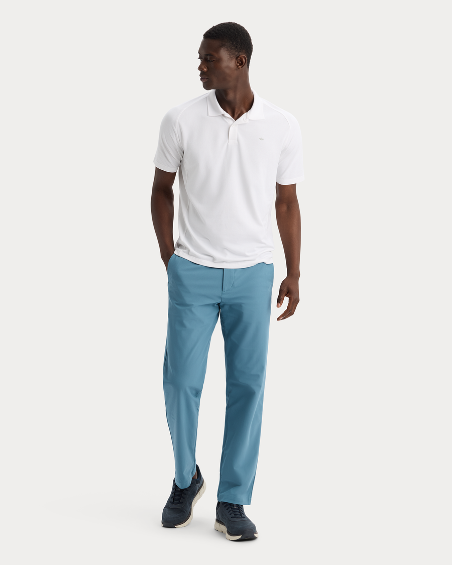 View of model wearing Lucent White Go Polo, Regular Fit.