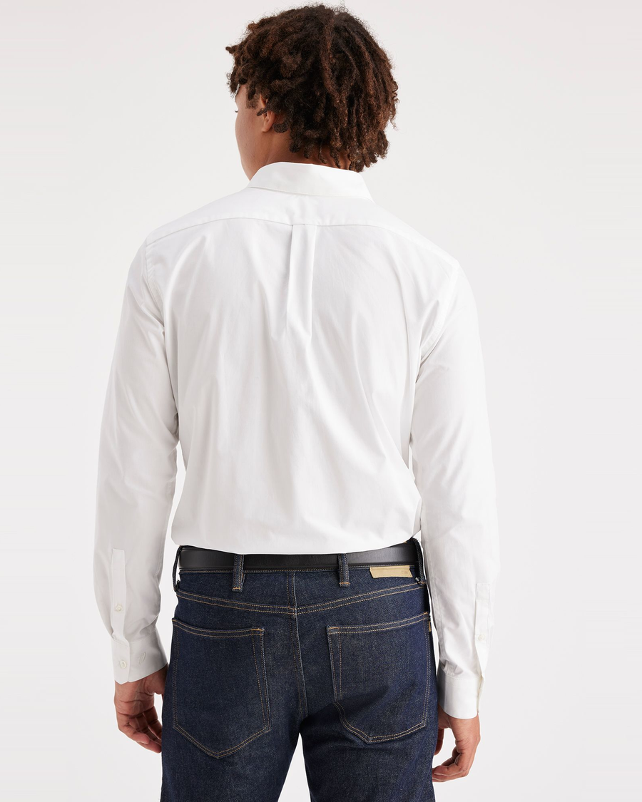 Back view of model wearing Lucent White Men's Slim Fit Crafted Shirt.