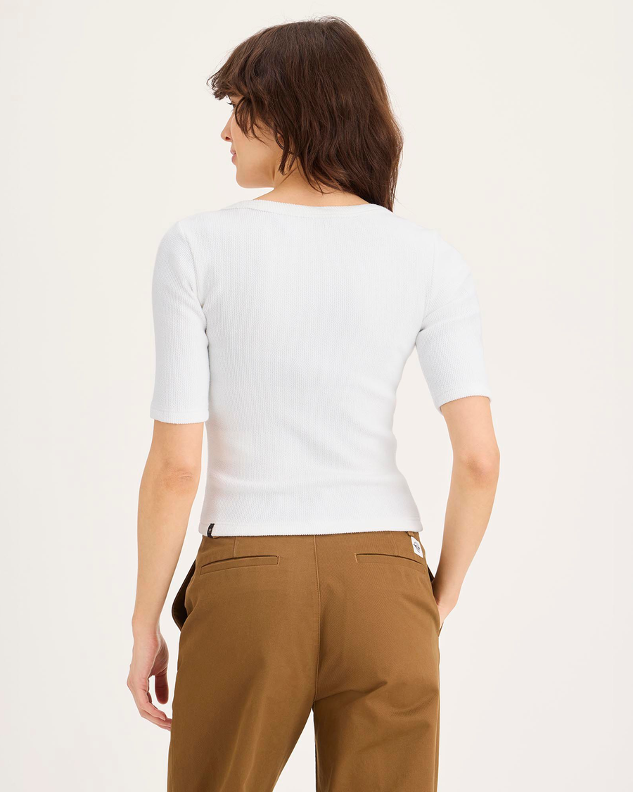 Back view of model wearing Lucent White Rib Tee, Slim Fit.