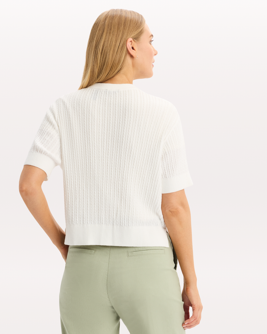 View of model wearing Lucent White Short Sleeve Cardigan, Regular Fit.