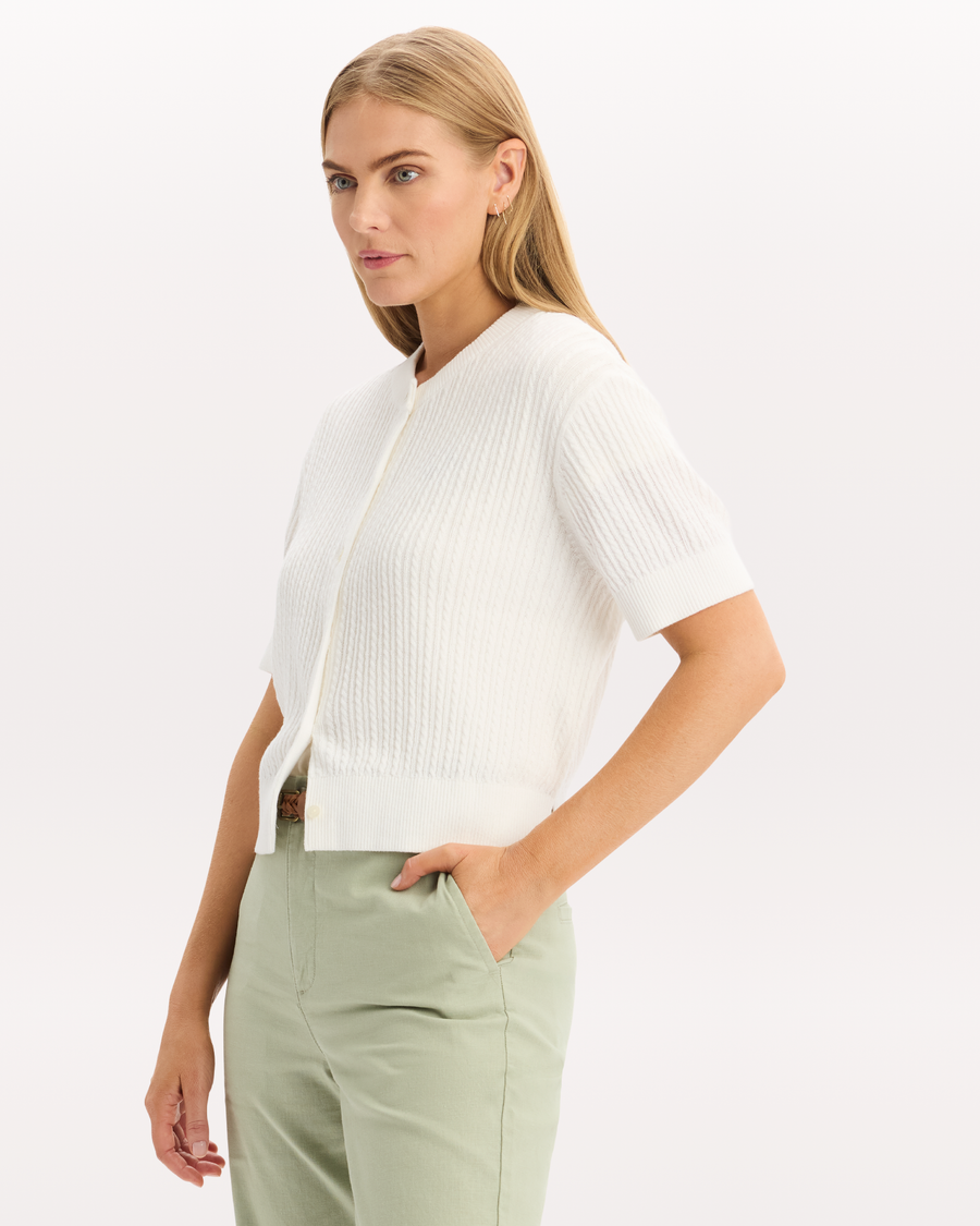 View of model wearing Lucent White Short Sleeve Cardigan, Regular Fit.