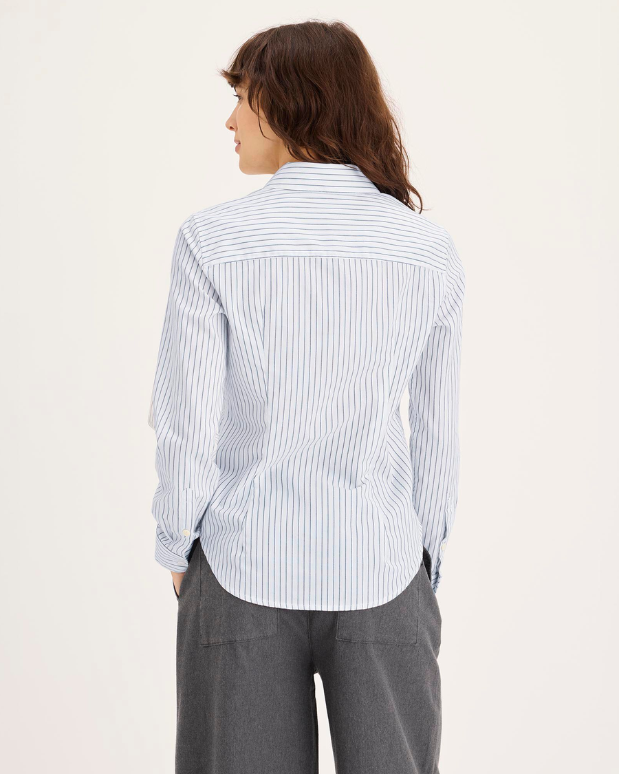 Back view of model wearing Lucent White Signature Shirt with Stain Defender®, Slim Fit.