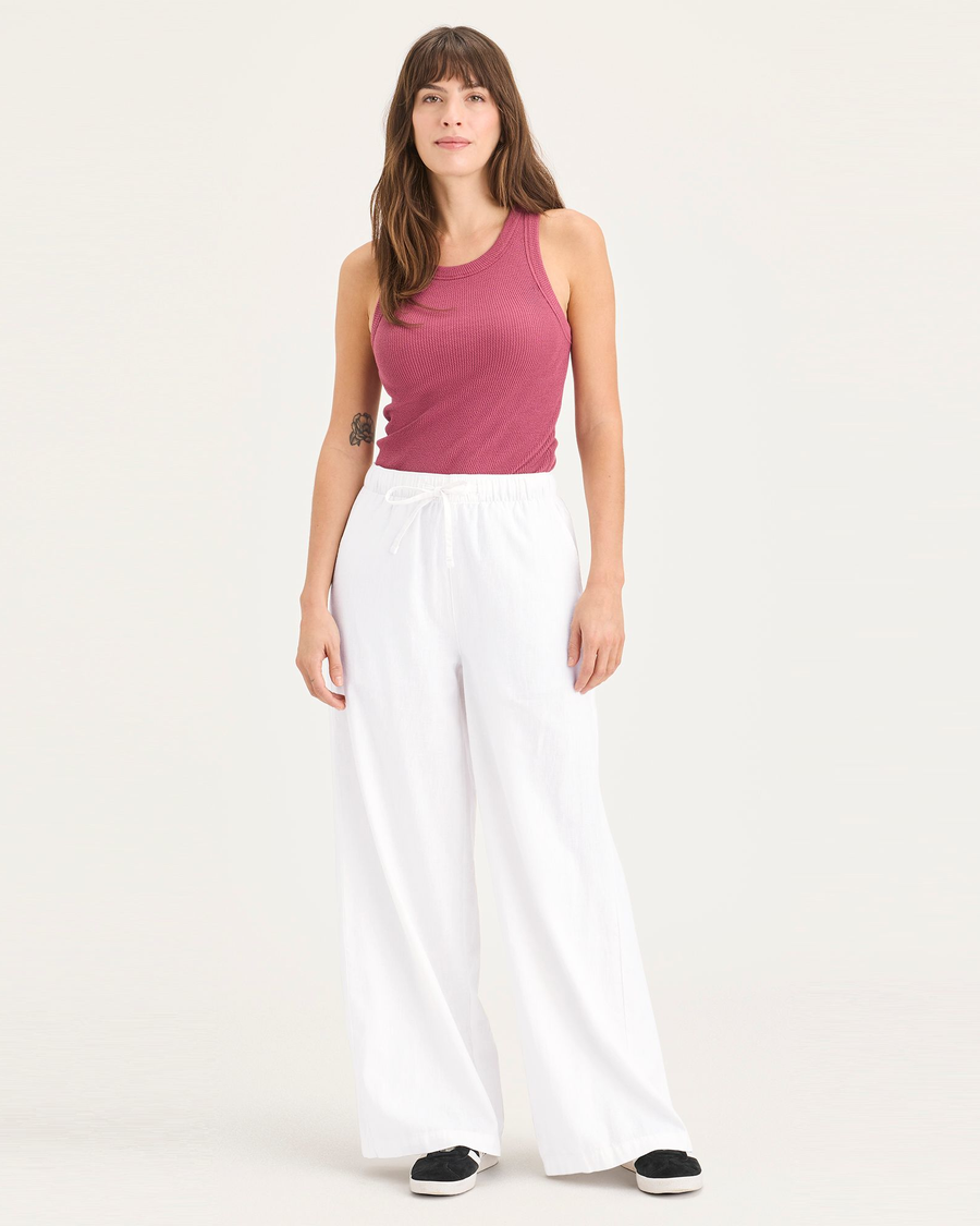 Front view of model wearing Lucent White Women's Drawstring Pants.