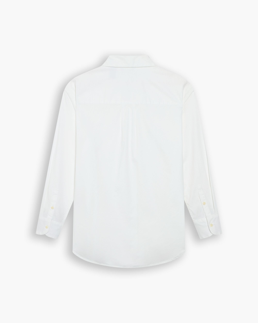 View of model wearing Lucent White Women's Shirt, Relaxed Fit.