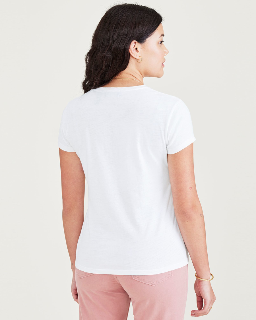Back view of model wearing Lucent White Women's Slim Fit Graphic Tee Shirt.