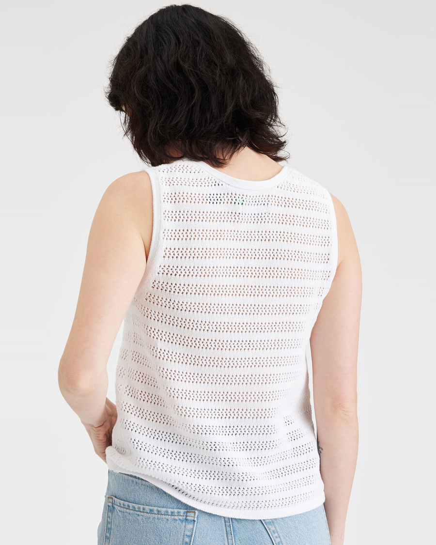 Back view of model wearing Lucent White Women's Sweater Tank.