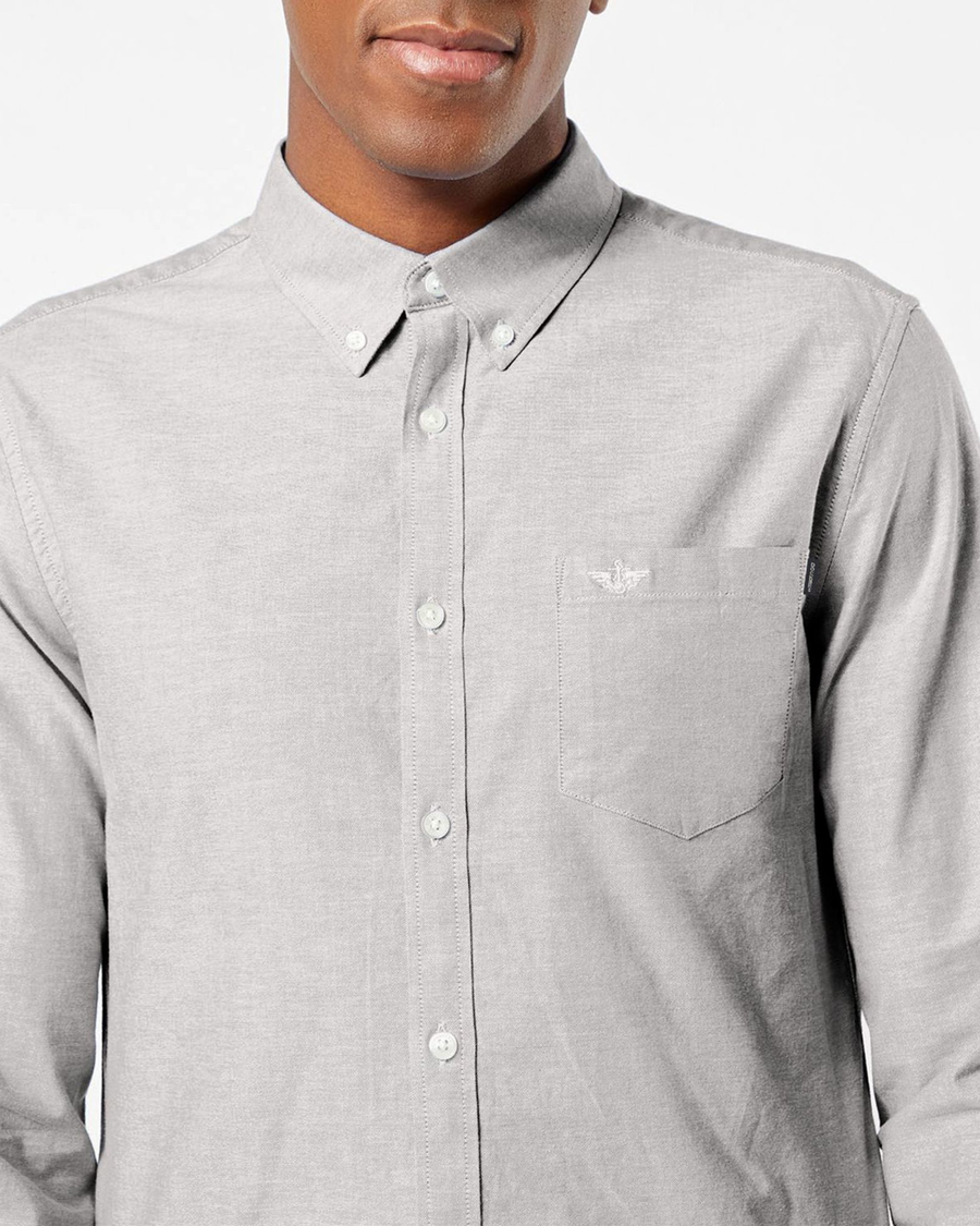 View of model wearing Medium Grey Heather Big and Tall Button Collar Shirt.