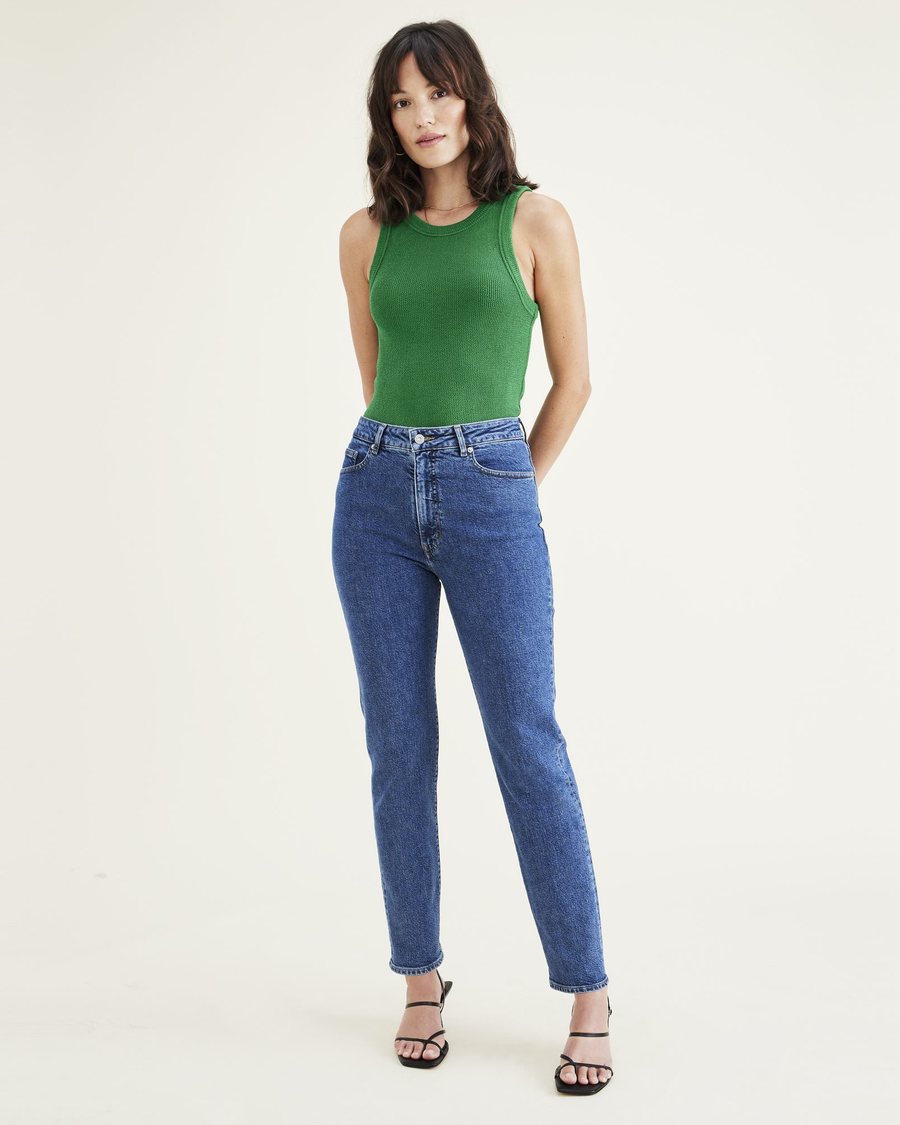 Front view of model wearing Medium Indigo Stonewash Women's Slim Fit High Jean Cut Pants.