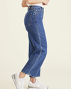 Side view of model wearing Medium Indigo Stonewash Women's Straight Fit High Jean Cut Pants.