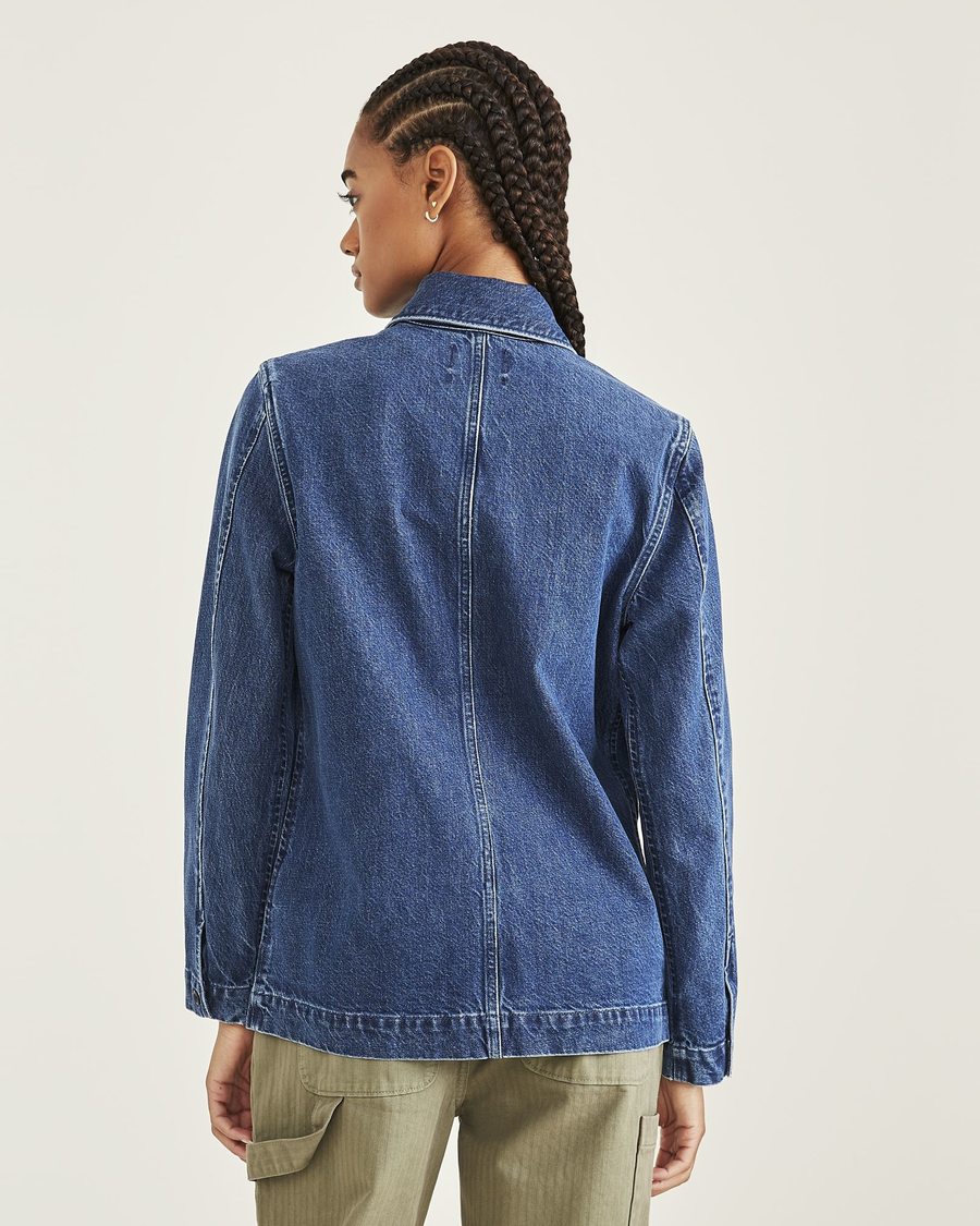 Back view of model wearing Medium Indigo Women's Regular Fit Chore Jacket.
