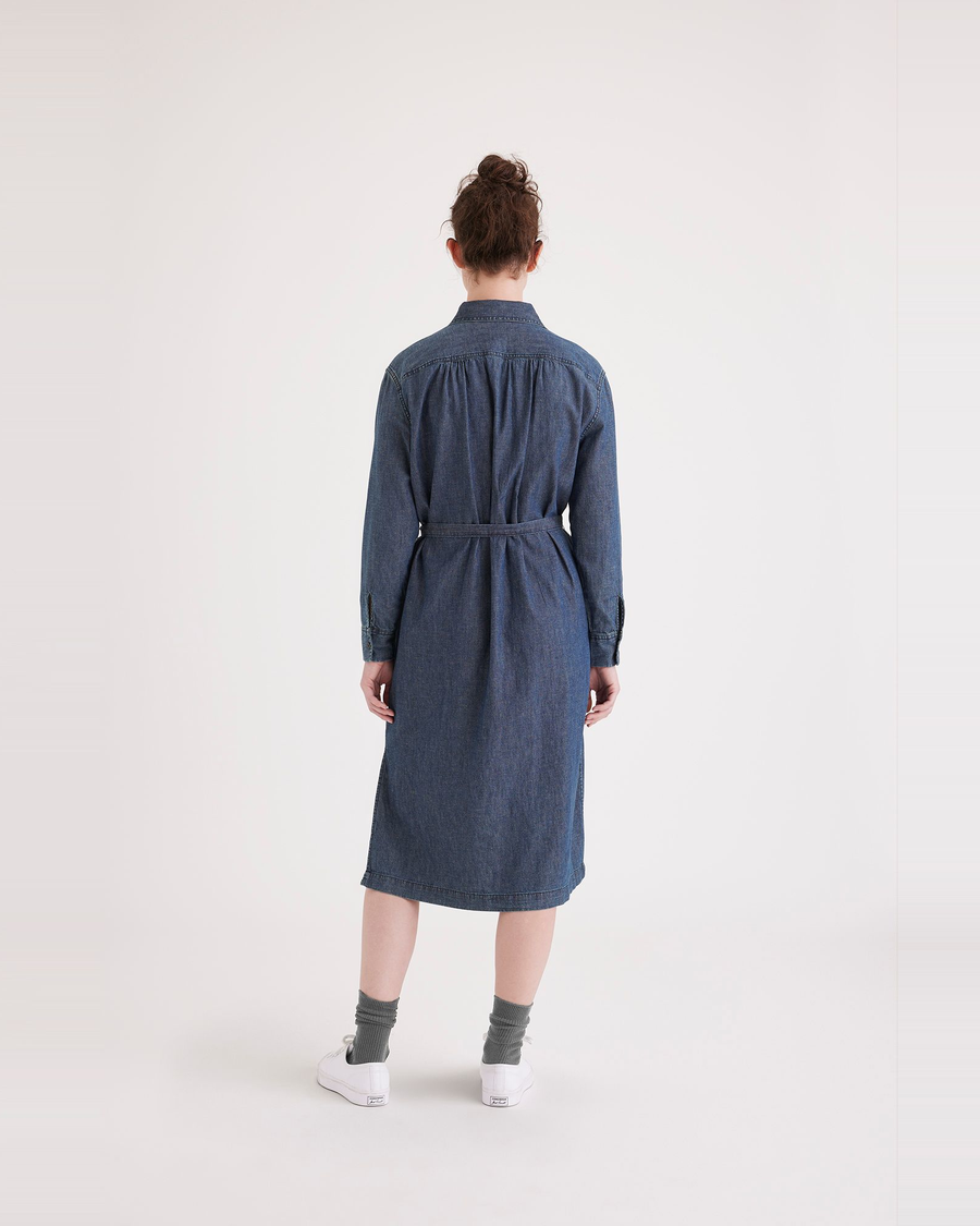 Back view of model wearing Mica Women's Relaxed Fit Midi Dress.