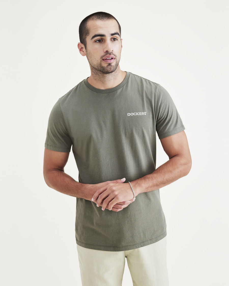 Front view of model wearing Mottled Green Men's Slim Fit Logo Tee.