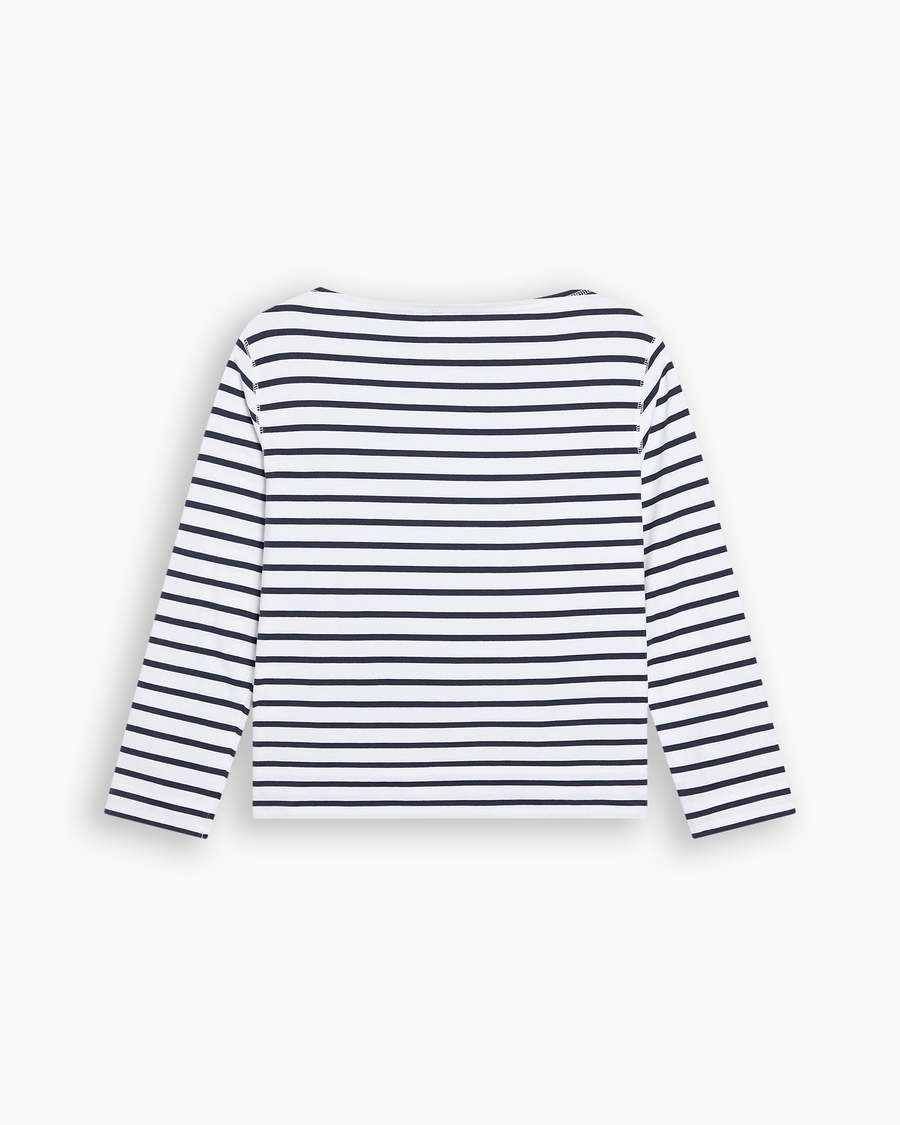 View of model wearing Navy Blazer Boatneck Tee, Regular Fit.