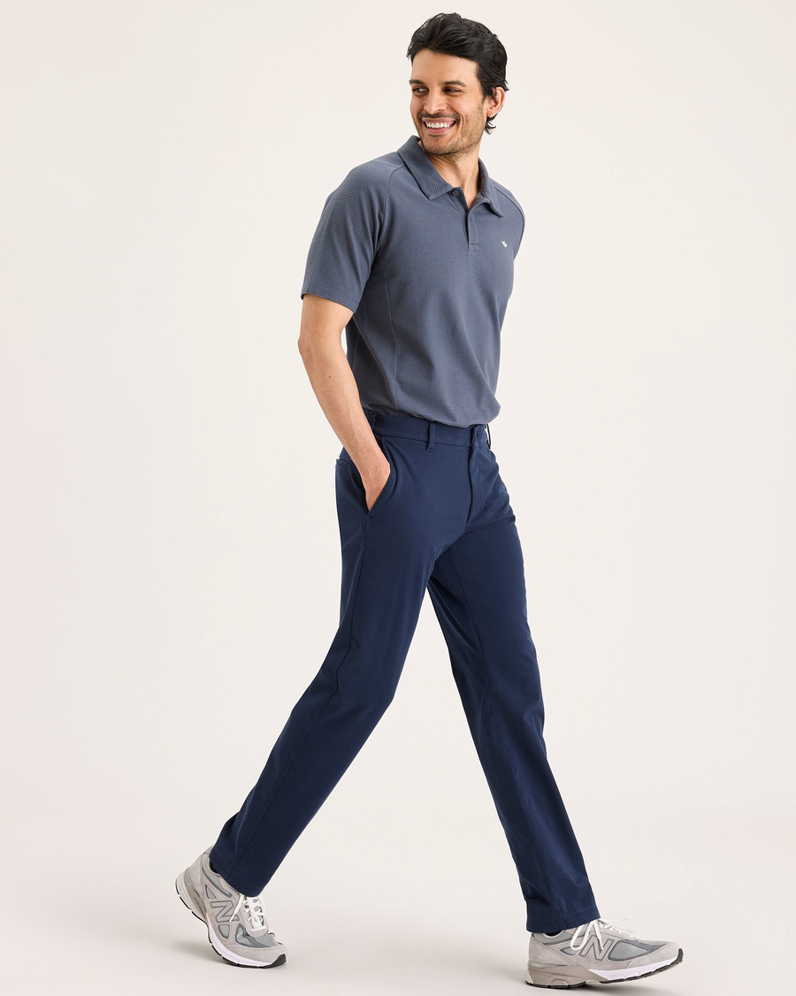 View of model wearing Navy Blazer Go Activeflex Chino, Slim Fit.