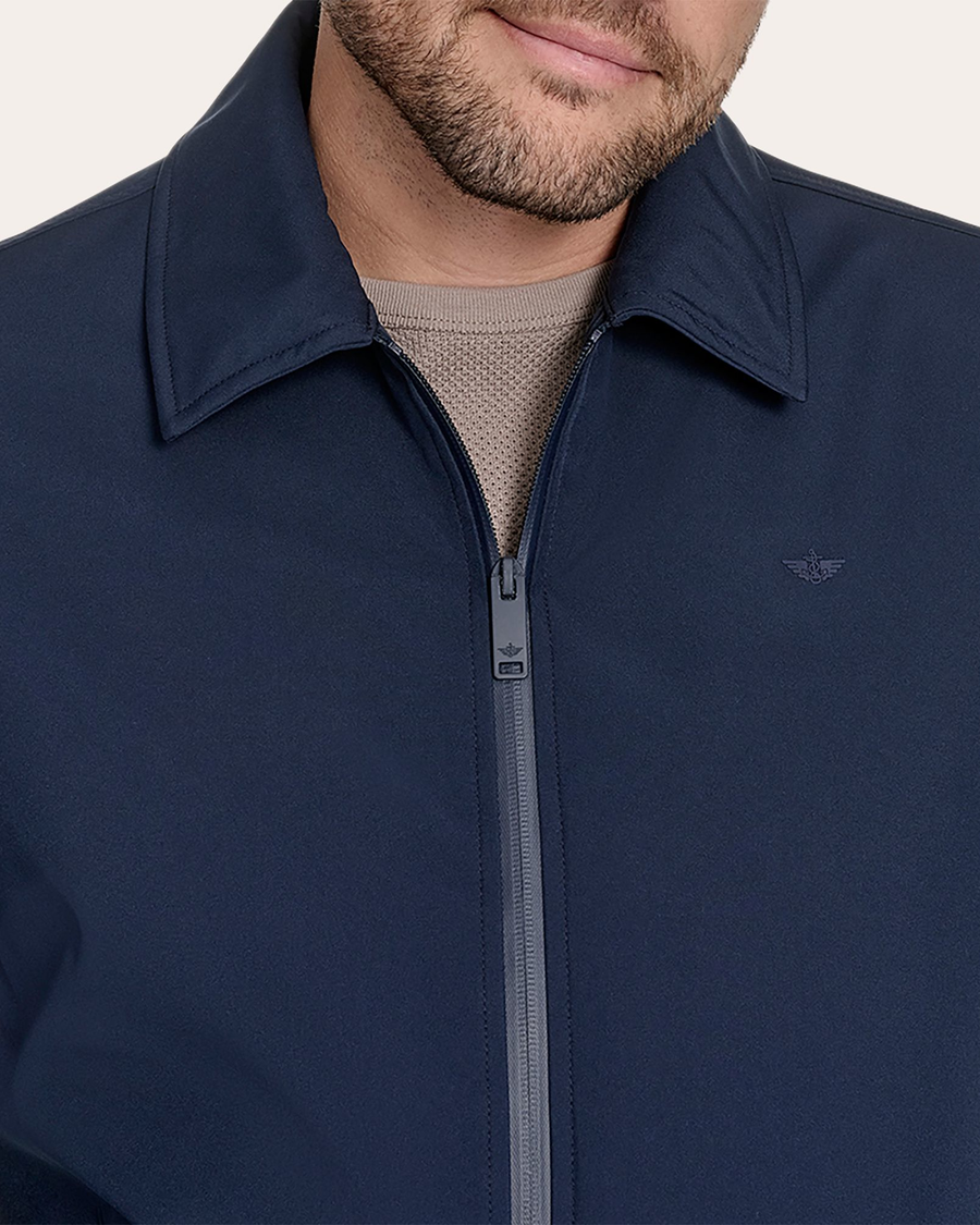 View of model wearing Navy Blazer Go Golf Bomber.