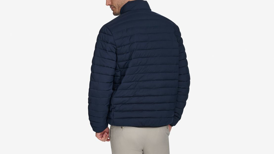 Back view of model wearing Navy Blazer Men's Packable Jacket.