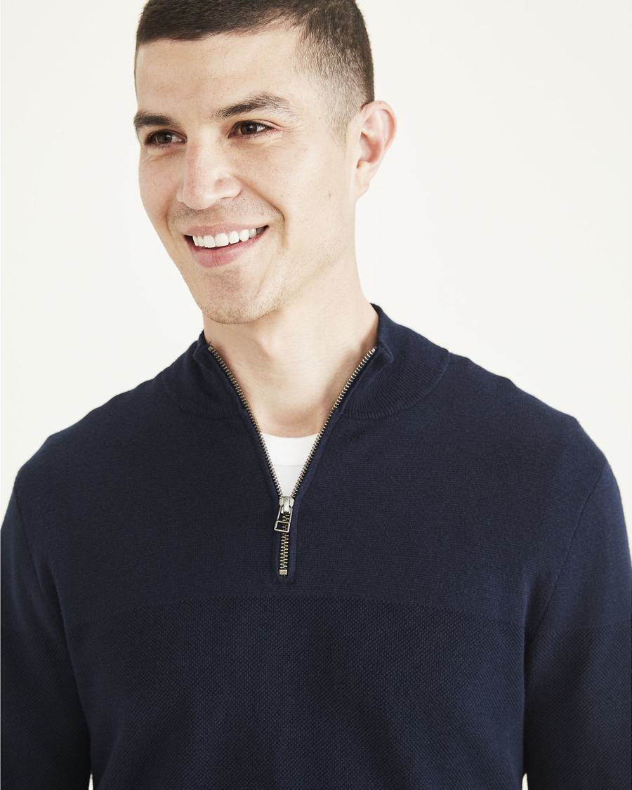 View of model wearing Navy Blazer Men's Regular Fit Quarter Zip Sweater.