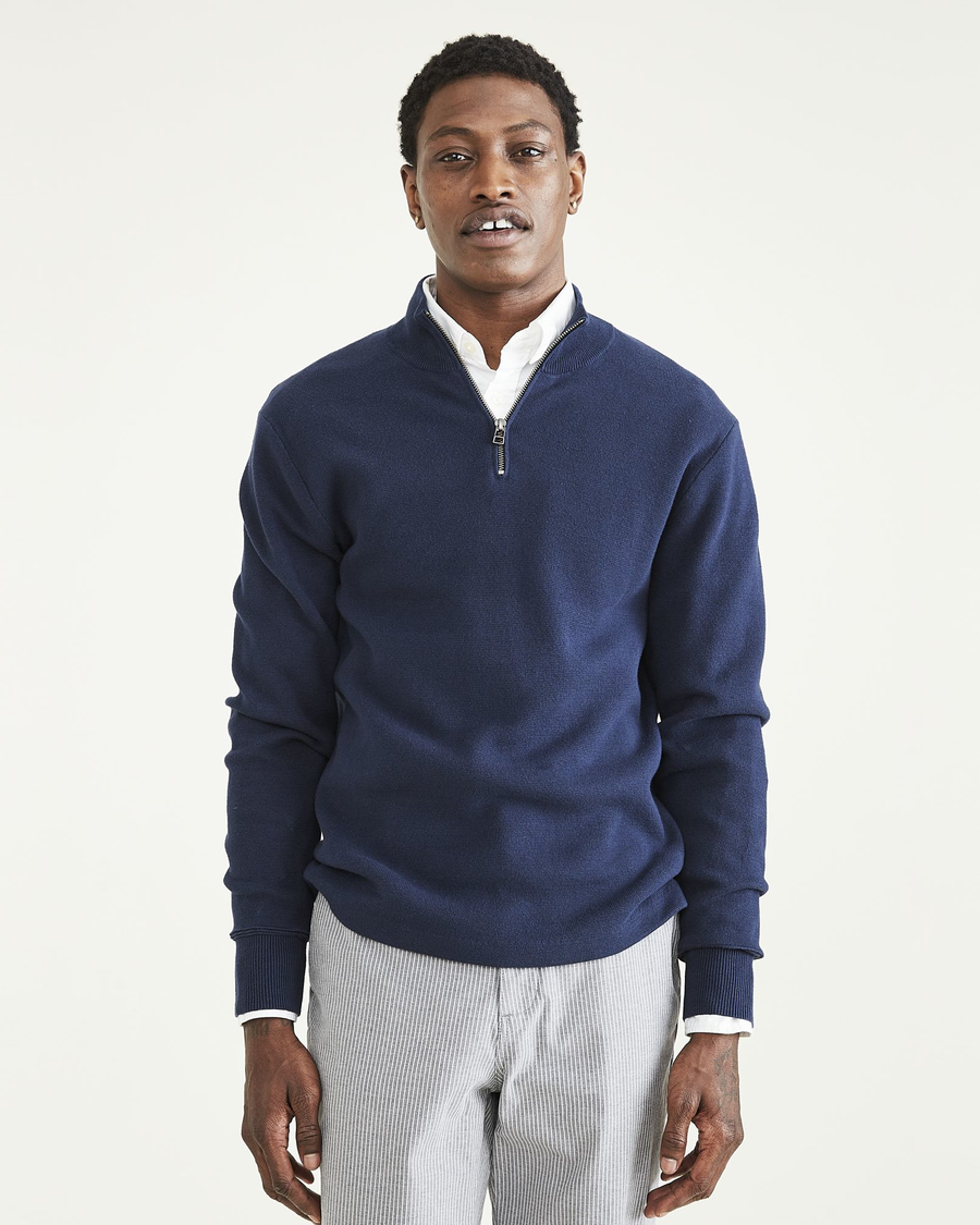 Front view of model wearing Navy Blazer Men's Regular Fit Quarter Zip Sweater.