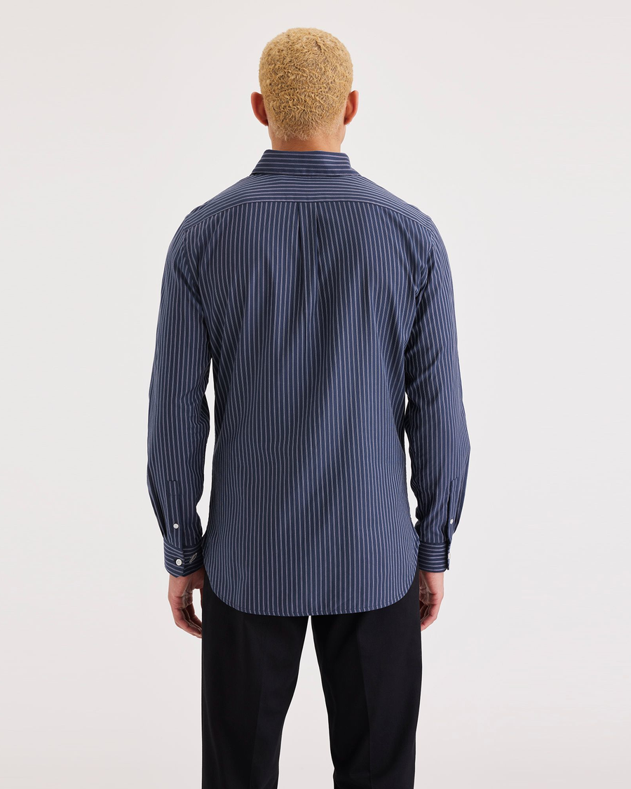 Back view of model wearing Navy Blazer Men's Slim Fit Crafted Shirt.