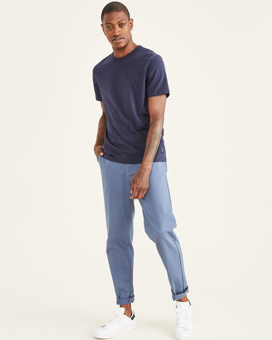 View of model wearing Navy Blazer Men's Slim Fit Icon Tee Shirt.