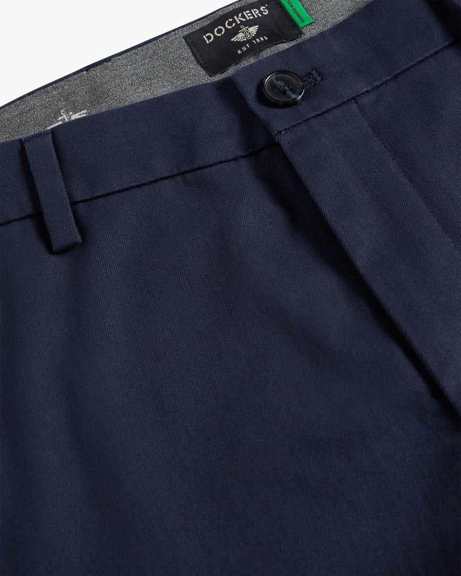 View of model wearing Navy Blazer Signature Iron Free Khakis, Skinny Fit with Stain Defender®.