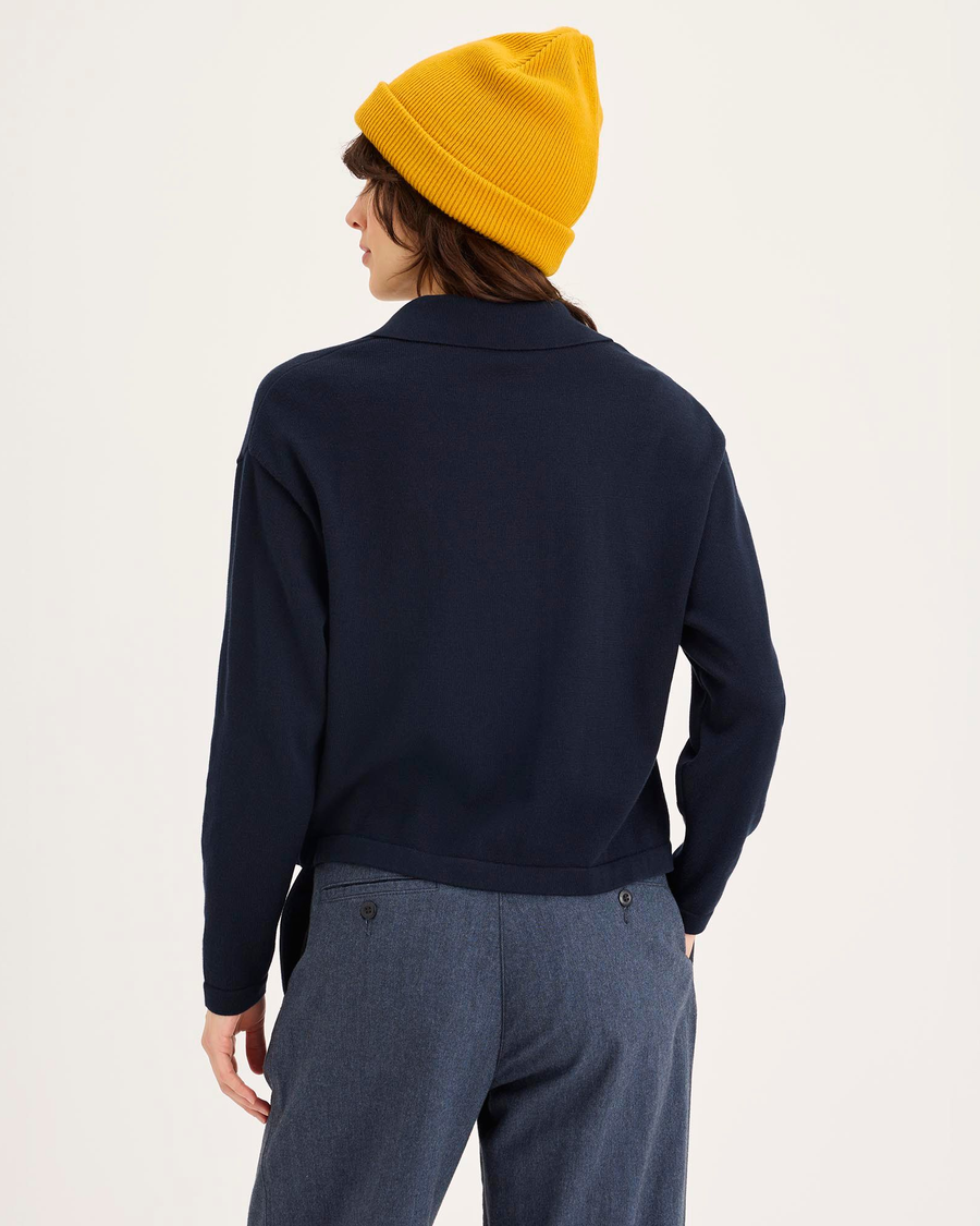 Back view of model wearing Navy Blazer Sweater Polo, Relaxed Fit.