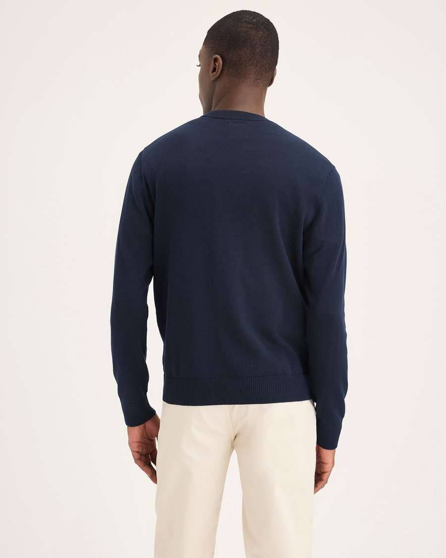 Back view of model wearing Navy Blazer V Neck Sweater.