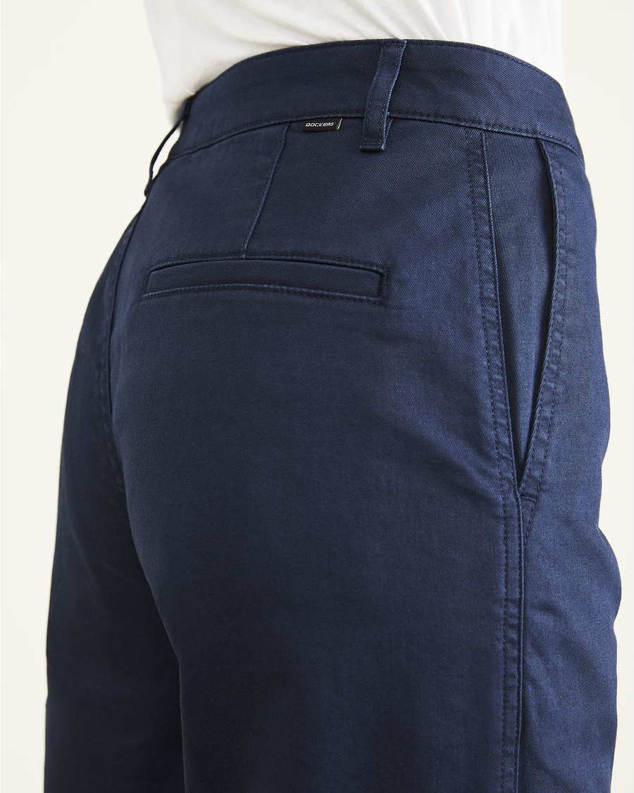View of model wearing Navy Blazer Women's High Waisted Straight Fit Original Khaki Pants.