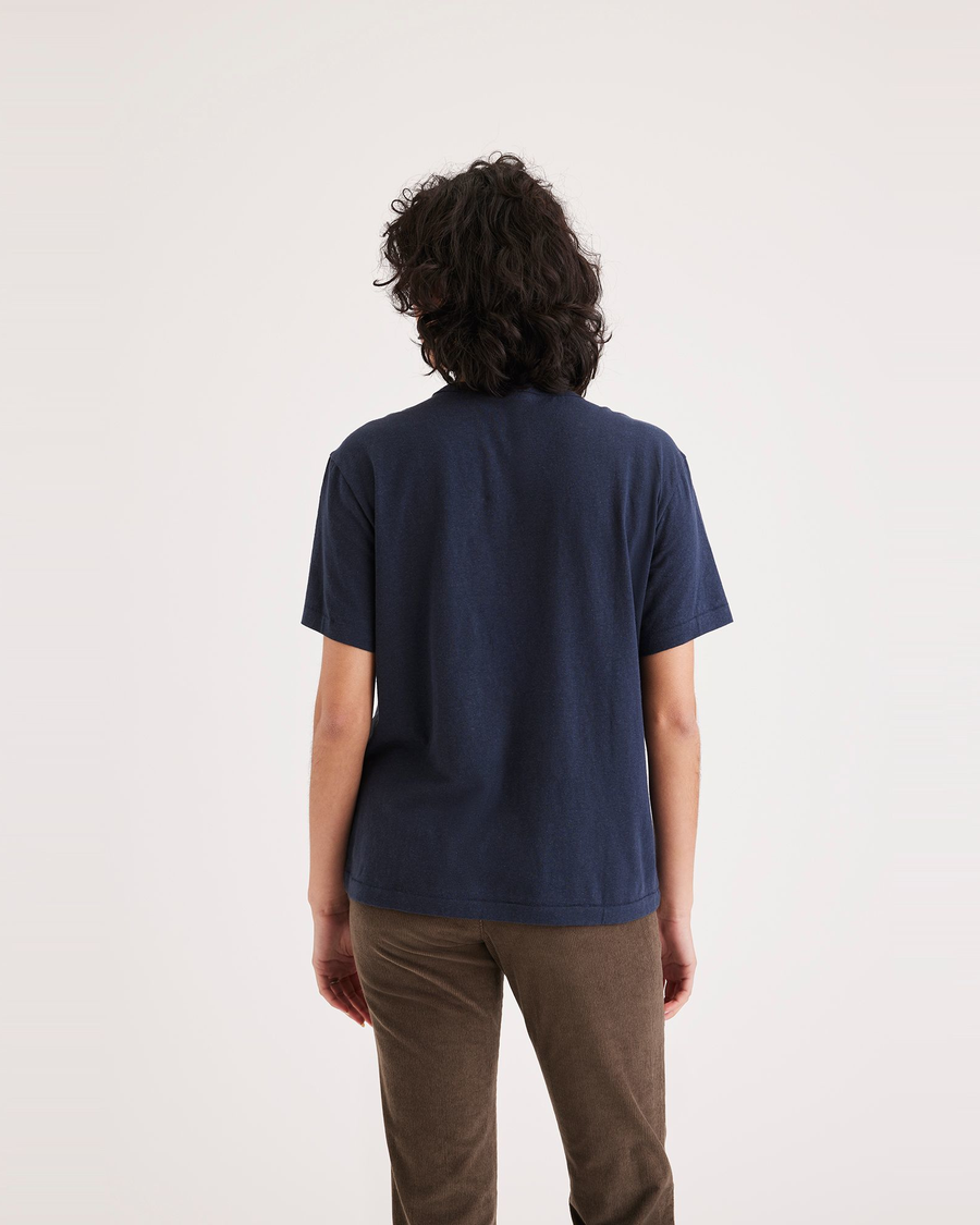 Back view of model wearing Navy Blazer Women's Regular Fit Crew Tee.