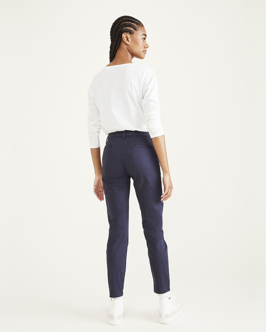 Back view of model wearing Navy Blazer Women's Skinny Fit Chino Pants.