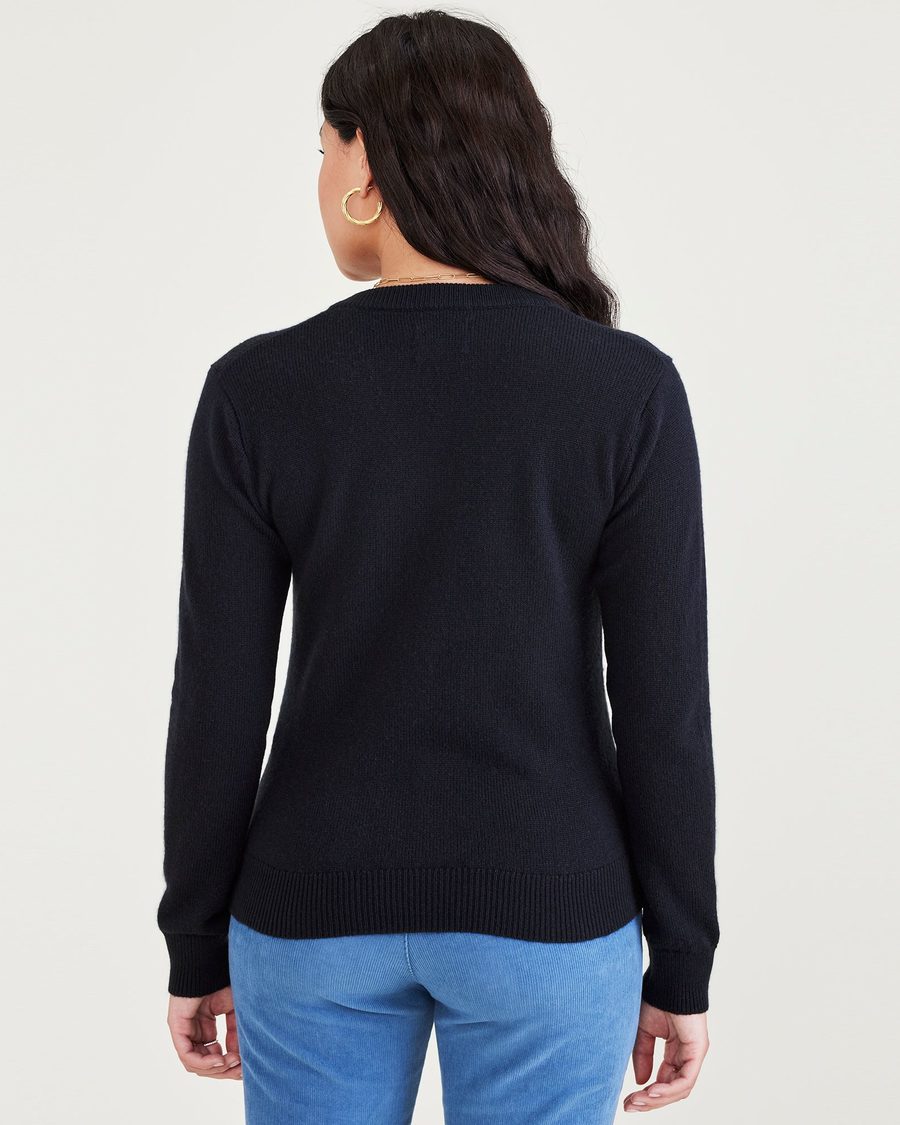 Back view of model wearing Navy Glory Women's Regular Fit V-Neck Sweater.