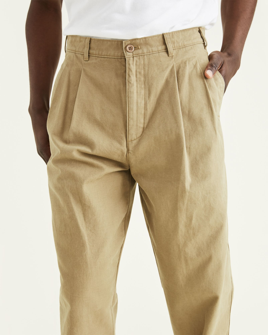 View of model wearing New British Khaki Men's Classic Fit Original Khaki.