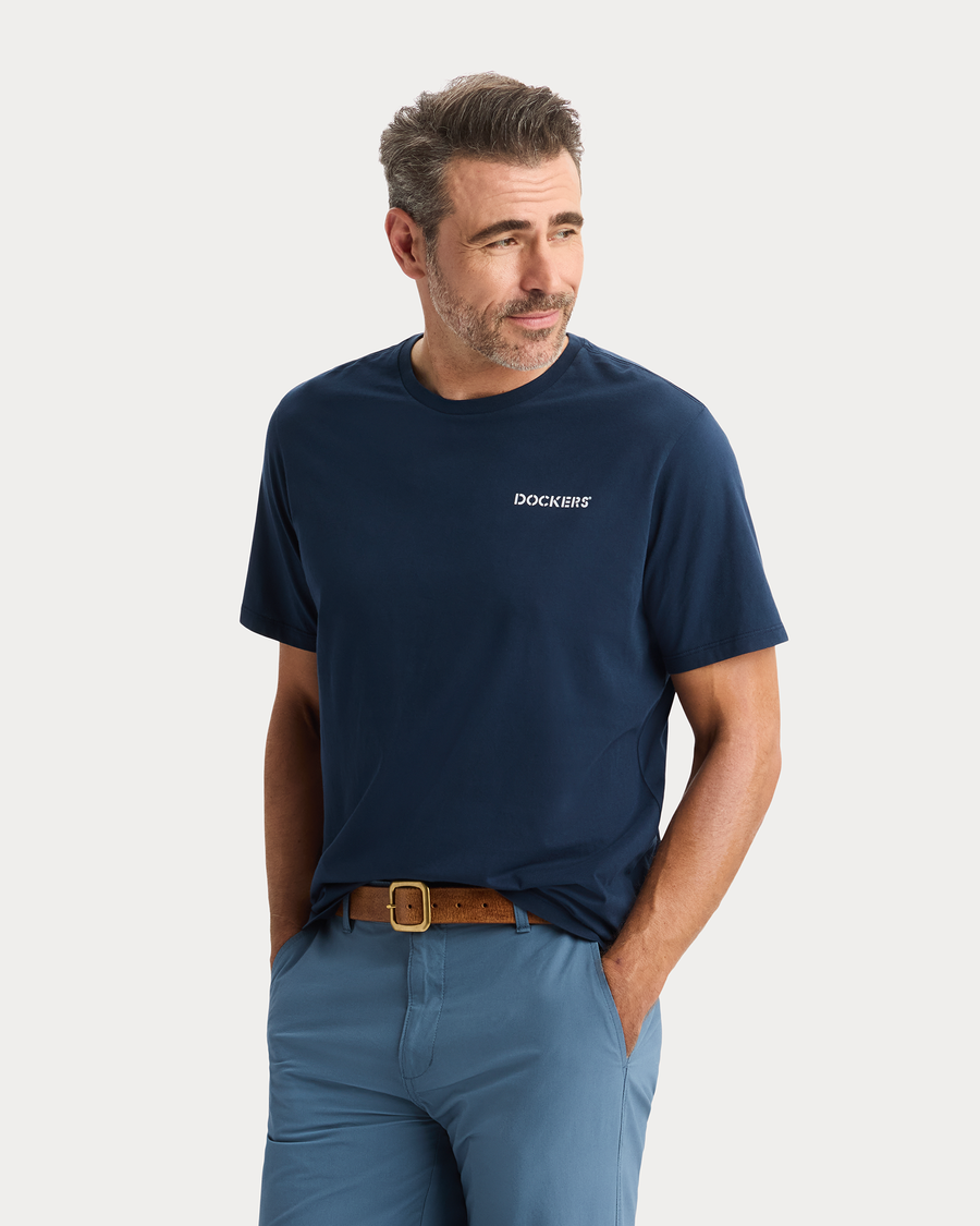 View of model wearing Pembroke Graphic Tee, Regular Fit.