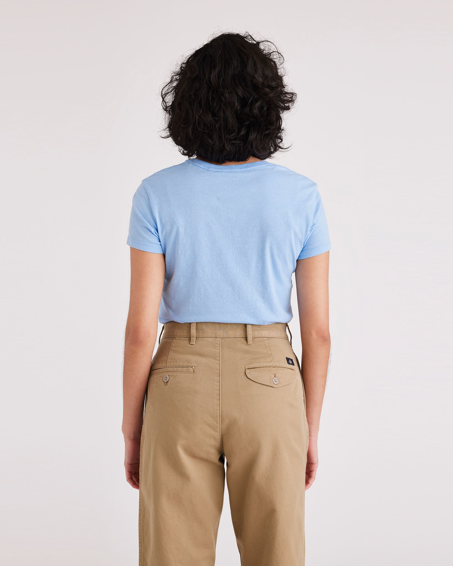 Back view of model wearing Placid Blue Women's Slim Fit Graphic Tee Shirt.