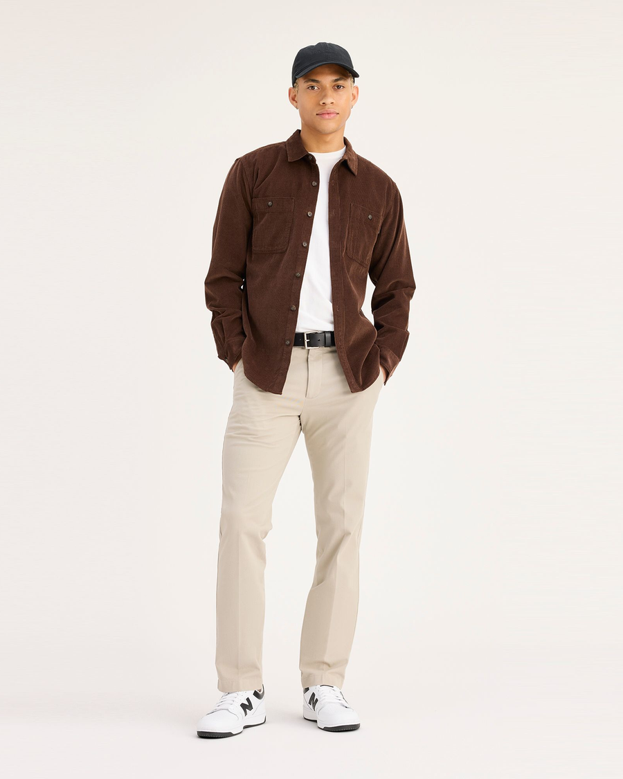 View of model wearing Safari Beige Workday Khaki Pants, Slim Fit.