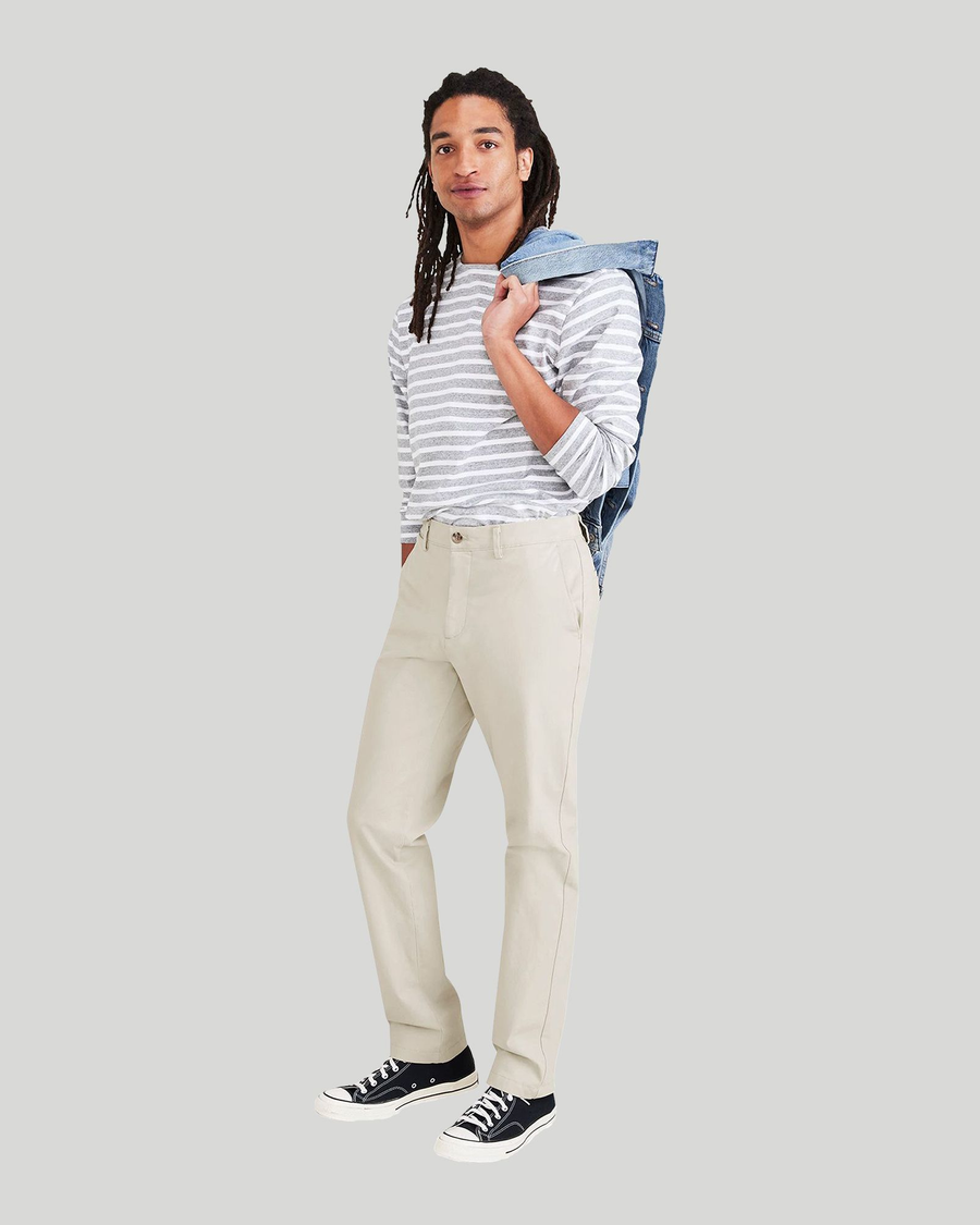 View of model wearing Sahara Khaki Crafted Khaki Pants, Slim Fit.