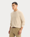 View of model wearing Sahara Khaki Crewneck Sweater, Regular Fit.