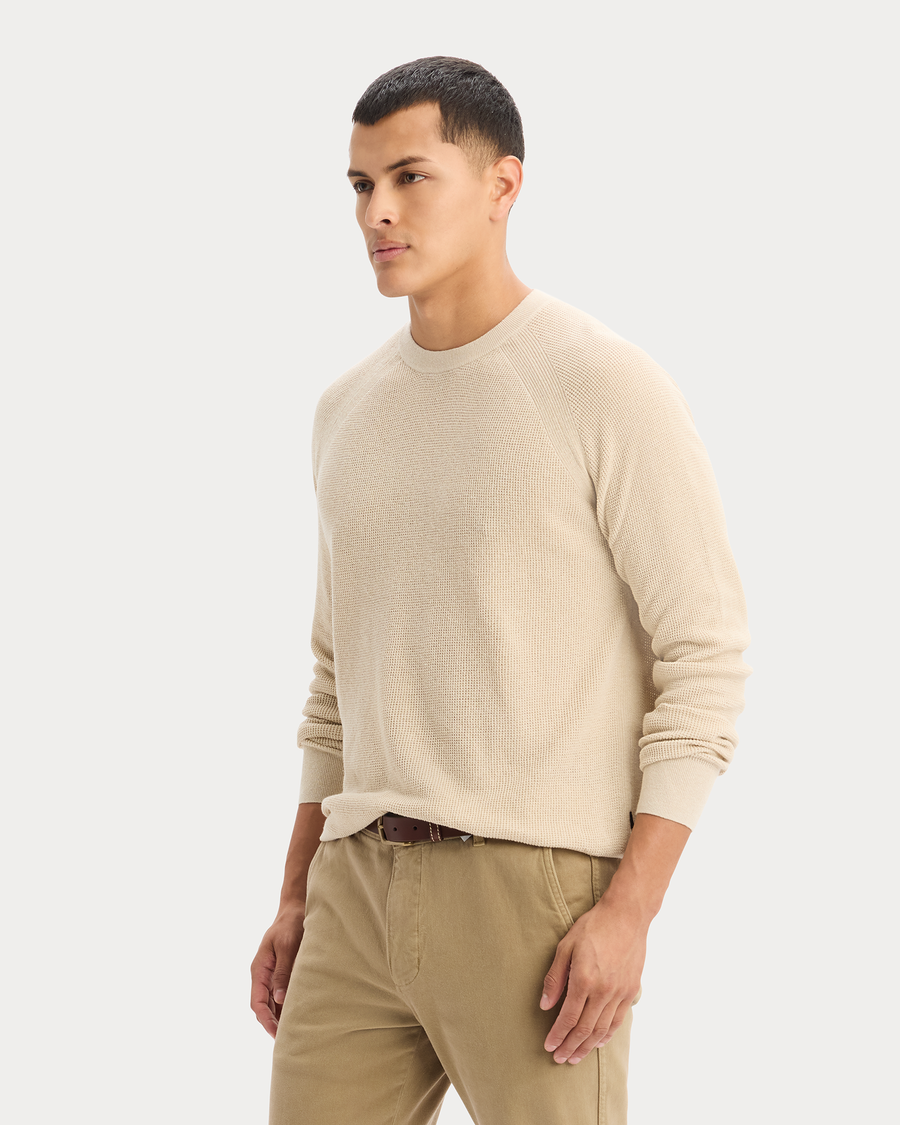 View of model wearing Sahara Khaki Crewneck Sweater, Regular Fit.