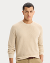 View of model wearing Sahara Khaki Crewneck Sweater, Regular Fit.