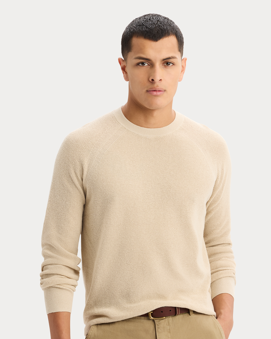 View of model wearing Sahara Khaki Crewneck Sweater, Regular Fit.