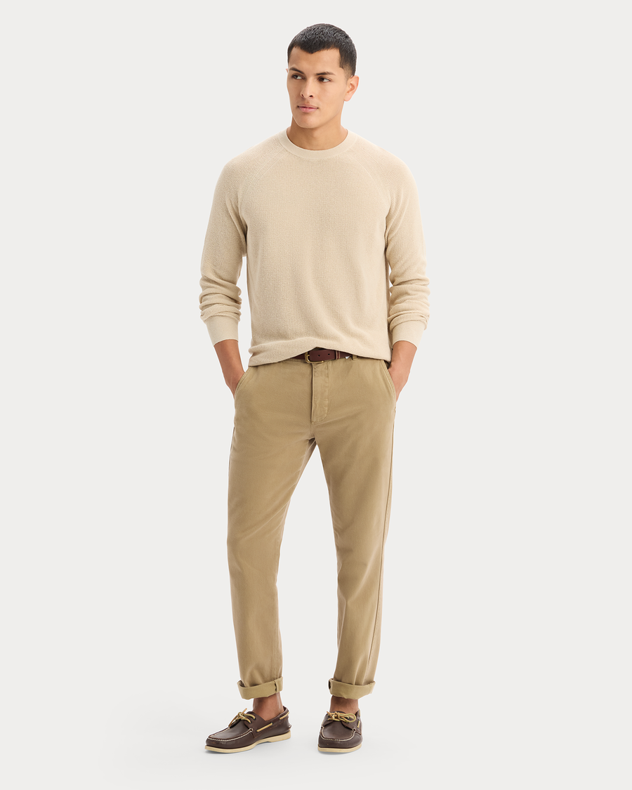 View of model wearing Sahara Khaki Crewneck Sweater, Regular Fit.