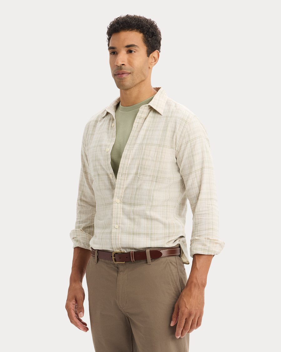 View of model wearing Sahara Khaki Icon Button Up Shirt, Slim Fit.