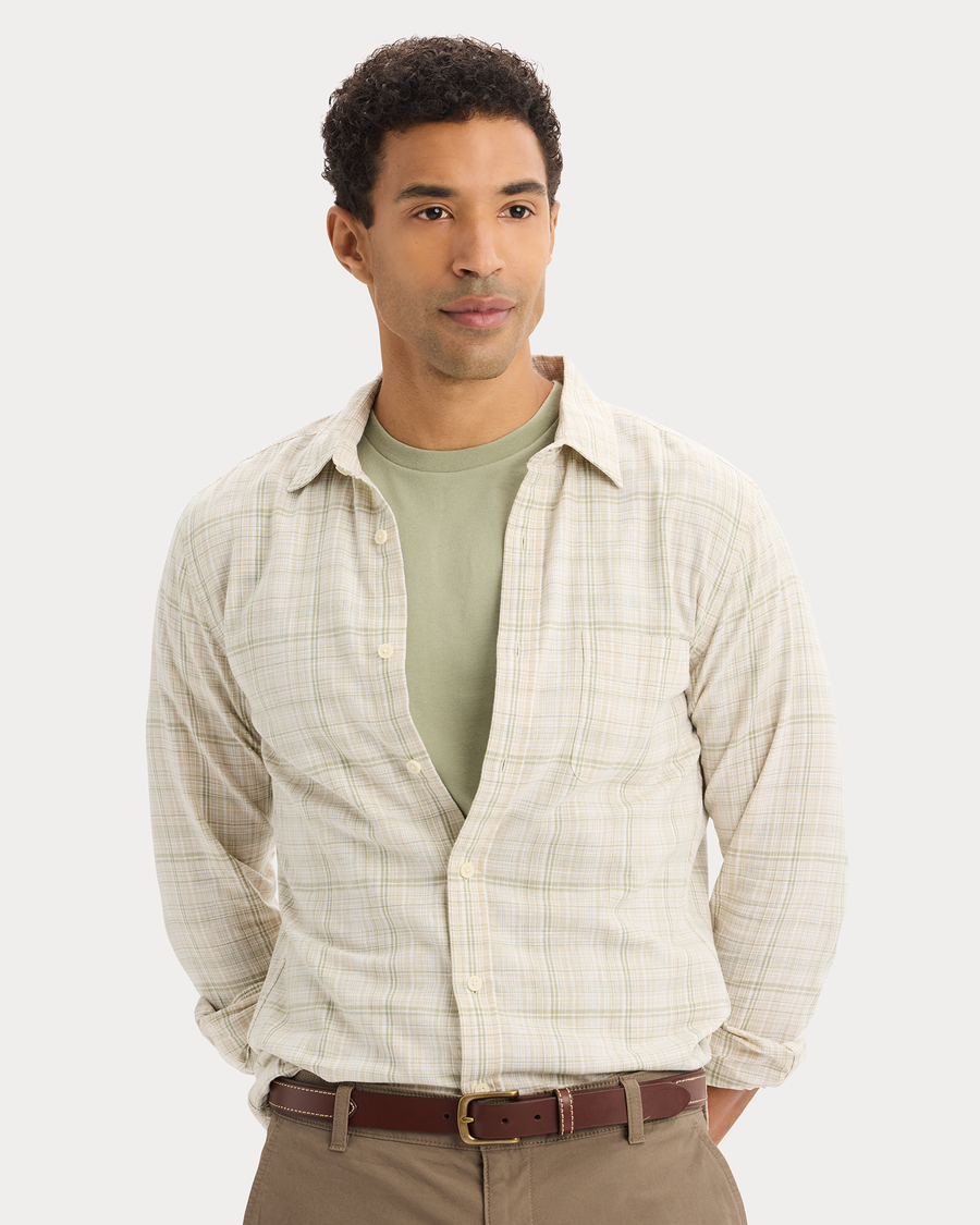 View of model wearing Sahara Khaki Icon Button Up Shirt, Slim Fit.