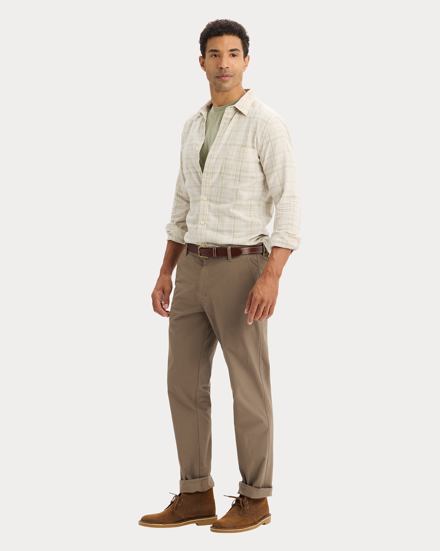 View of model wearing Sahara Khaki Icon Button Up Shirt, Slim Fit.