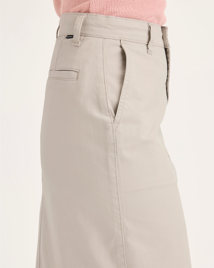 Side view of model wearing Sahara Khaki Women's Chino Skirt.