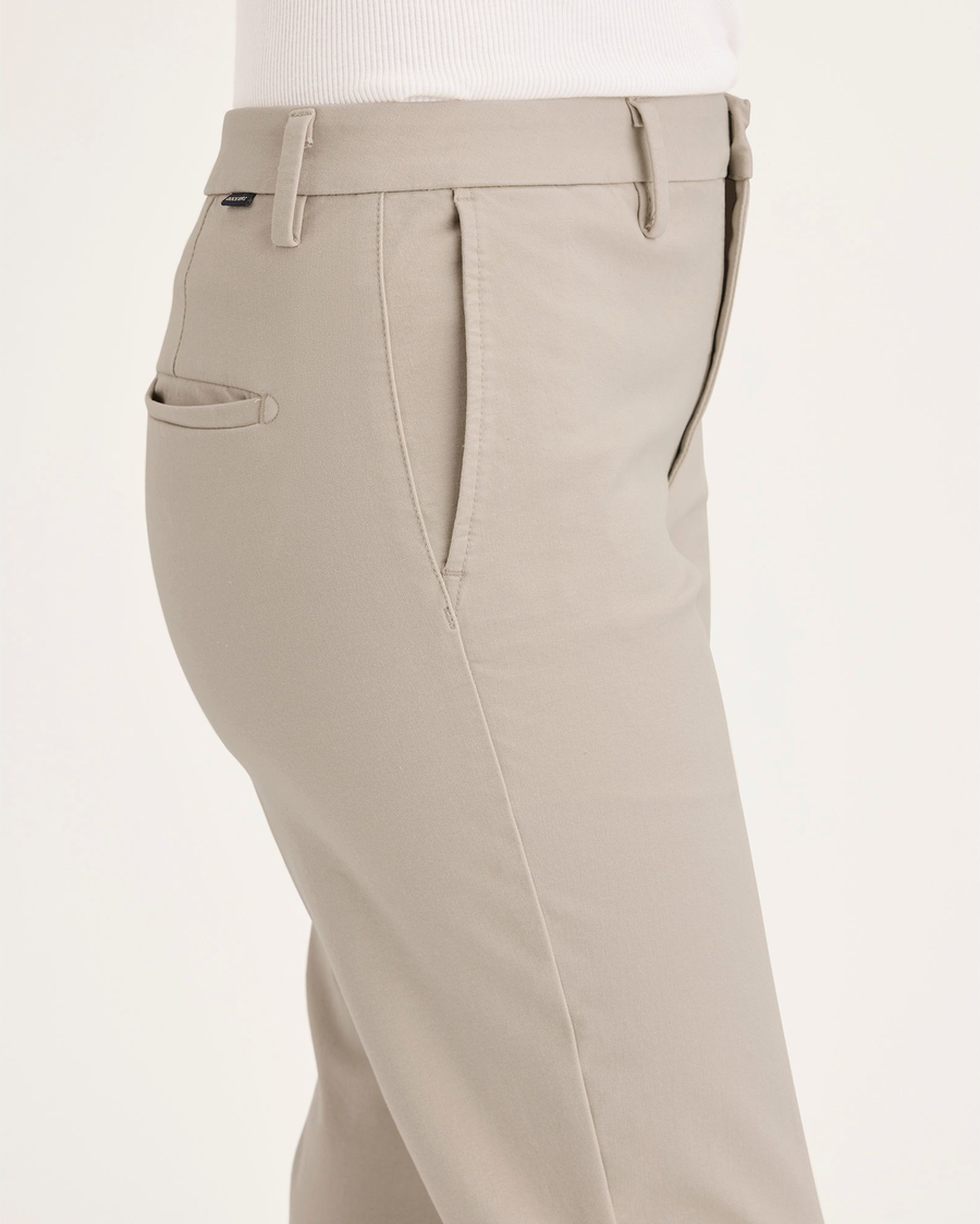 Side view of model wearing Sahara Khaki Women's Mid-Rise Slim Collins Trouser with Sculpt.