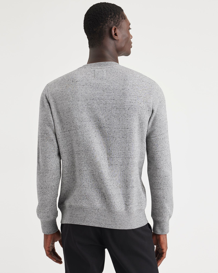 Back view of model wearing Smokestack Heather Men's  Regular Fit Crewneck Sweatshirt.